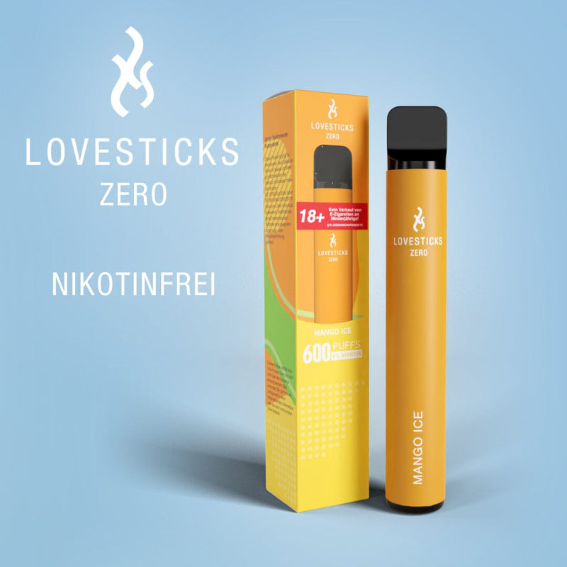 LOVESTICKS Zero Mango Ice, Einweg-Vape ohne Nikotin (0 mg) mit 2 ml Liquid, Gerät neben Verpackung