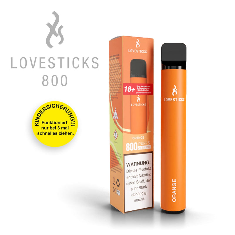 LOVESTICKS 800 Orange, Einweg-Vape mit 20 mg/ml Nikotinsalz und 2 ml Liquid, Gerät neben Verpackung
