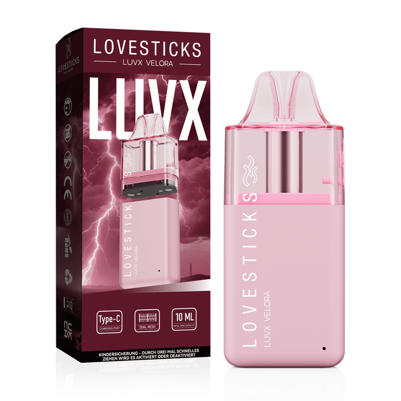 LUVX Velora Pod Kit Pink, nachfüllbares Pod-System für Liquid ohne Nikotin, Gerät neben Verpackung