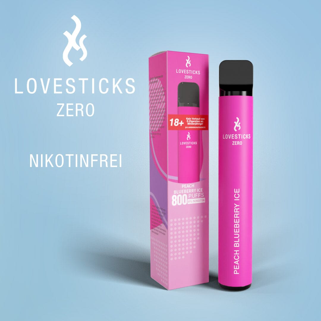 LOVESTICKS Zero Peach Blueberry Ice, Einweg-Vape ohne Nikotin (0 mg) mit 2 ml Liquid, Gerät neben Verpackung