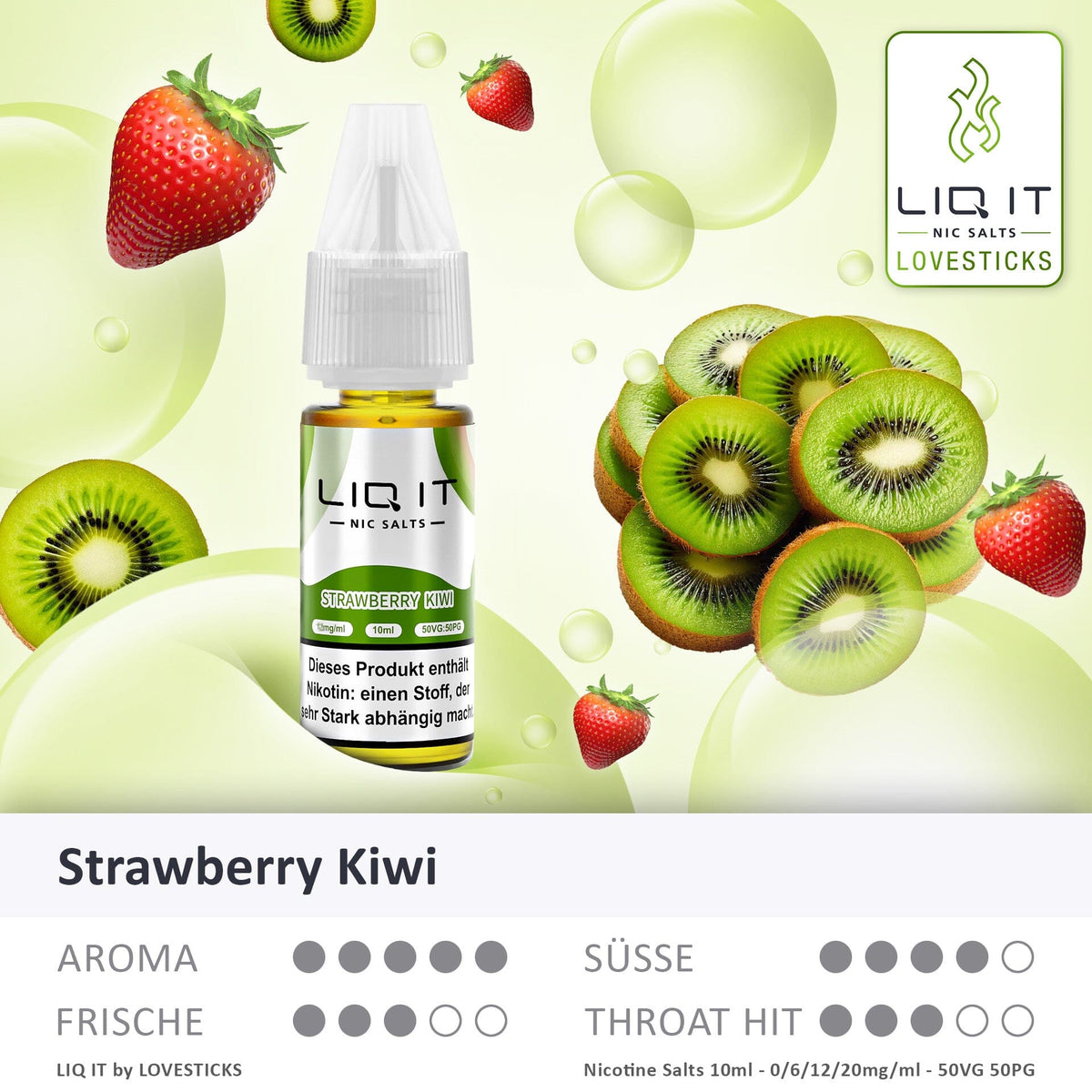LIQ IT Strawberry Kiwi Liquid ohne Nikotin (0 mg), Flasche mit Grafik zu Aroma, Süße, Frische und Throat Hit