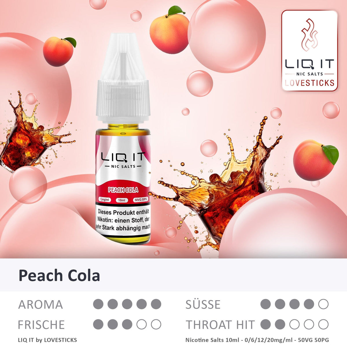 LIQ IT Peach Cola Liquid mit 6 mg Nikotinsalz, Flasche mit Grafik zu Aroma, Süße, Frische und Throat Hit
