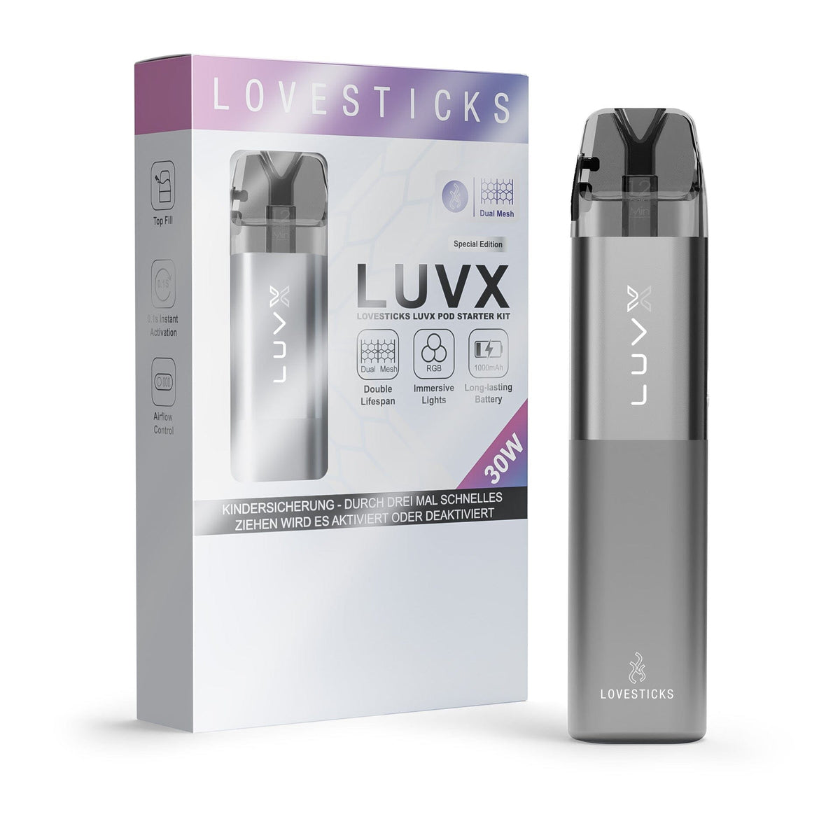 LUVX Pod Kit 1000 mAh Grey, nachfüllbares Pod-System, Gerät neben Verpackung des Kits