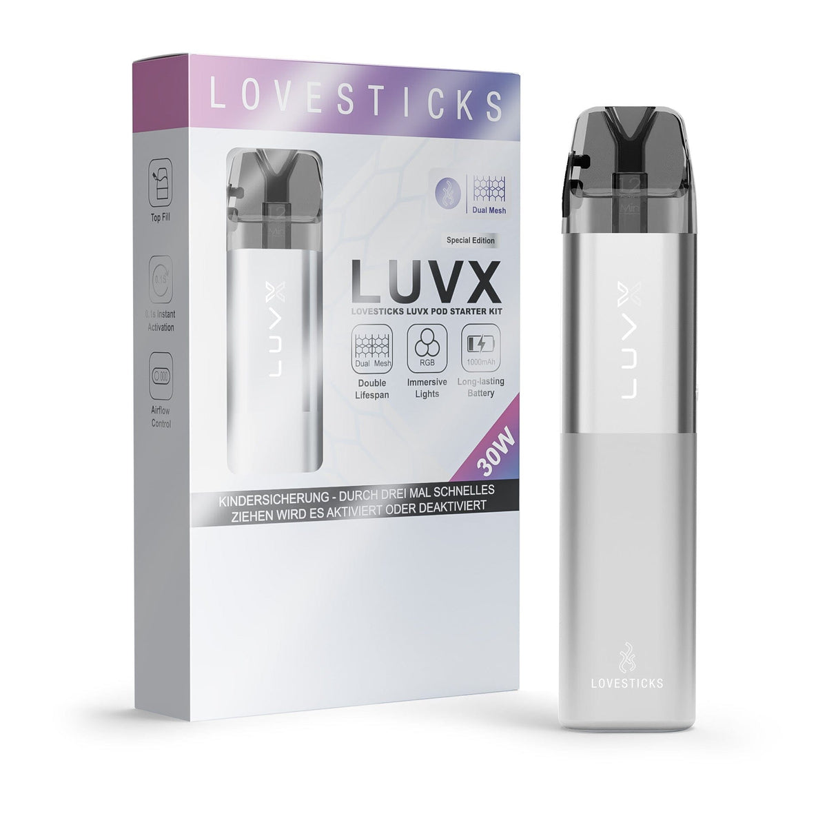 LUVX Pod Kit 1000 mAh Silver, nachfüllbares Pod-System, Gerät neben Verpackung des Kits