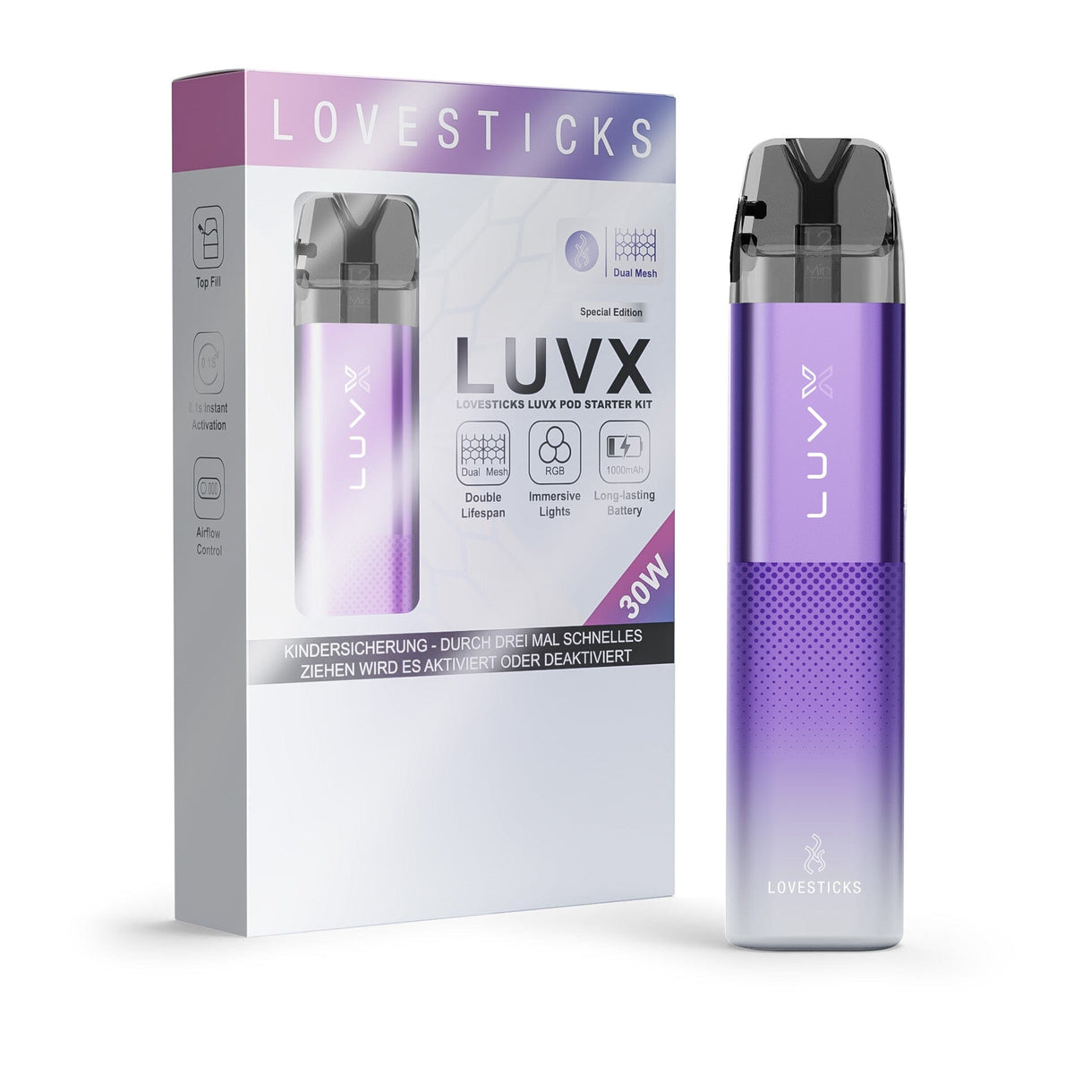 LUVX Pod Kit 1000 mAh Purple, nachfüllbares Pod-System, Gerät neben Verpackung des Kits