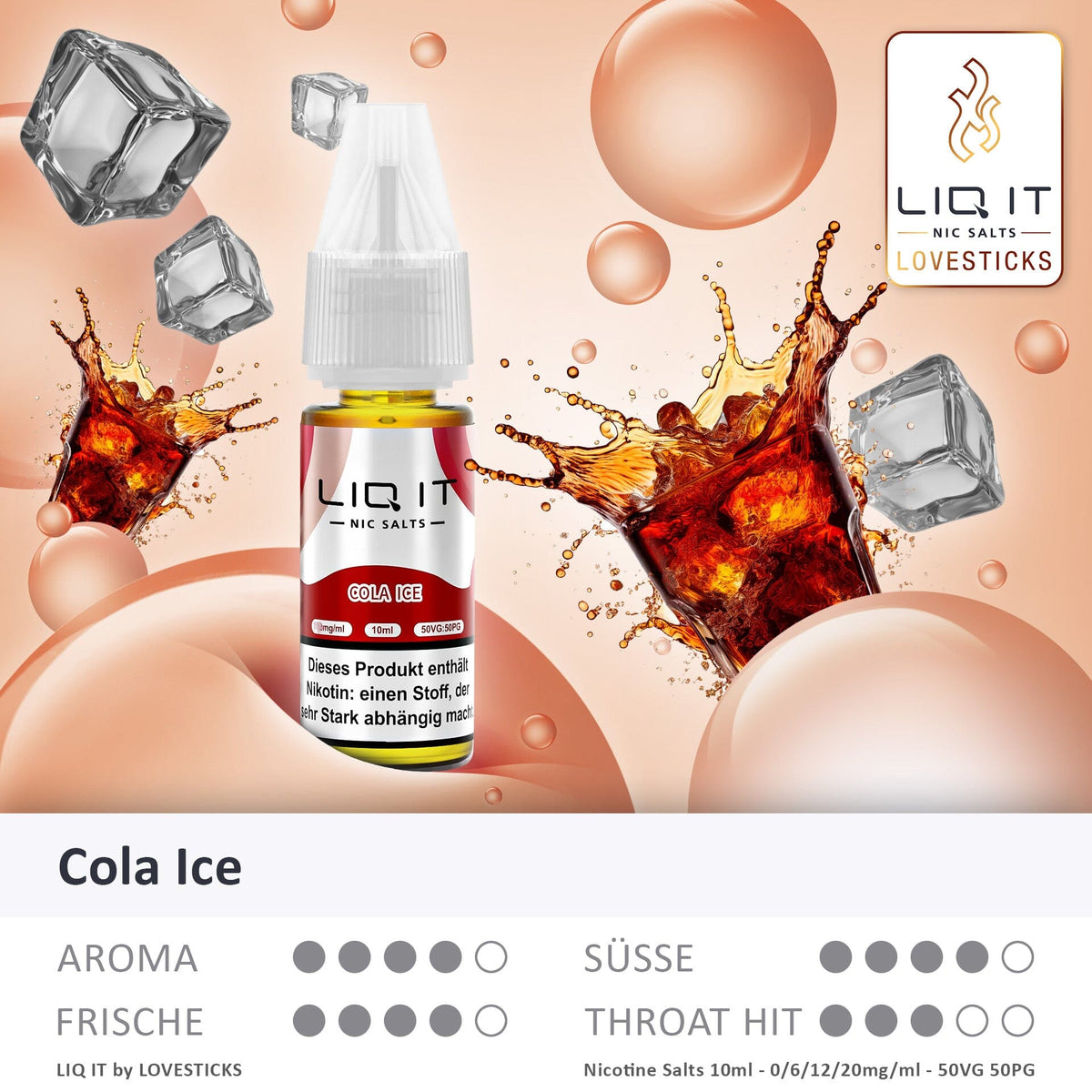 LIQ IT Cola Ice Liquid mit 6 mg Nikotinsalz, Flasche mit Grafik zu Aroma, Süße, Frische und Throat Hit