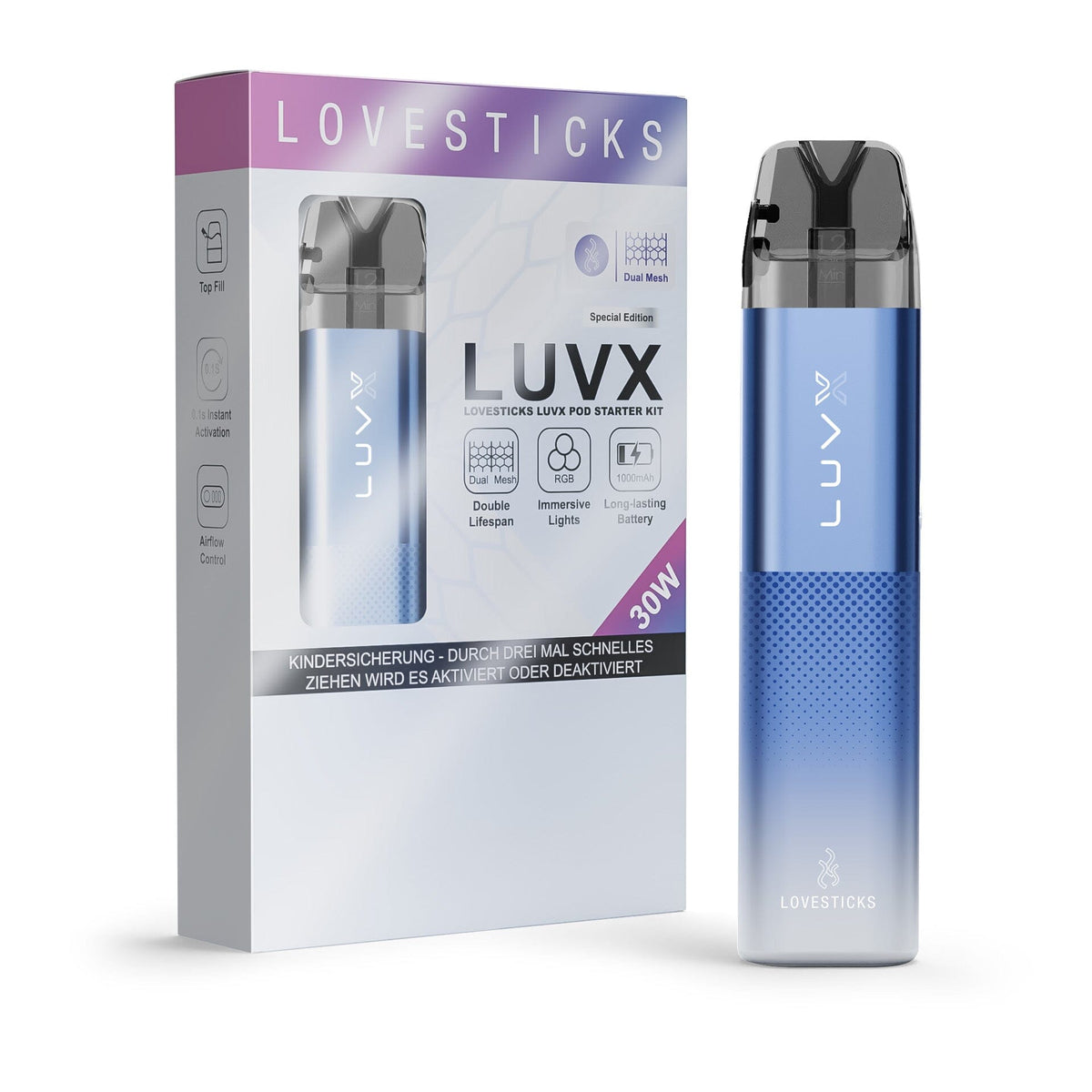 LUVX Pod Kit 1000 mAh Blue, nachfüllbares Pod-System, Gerät neben Verpackung des Kits