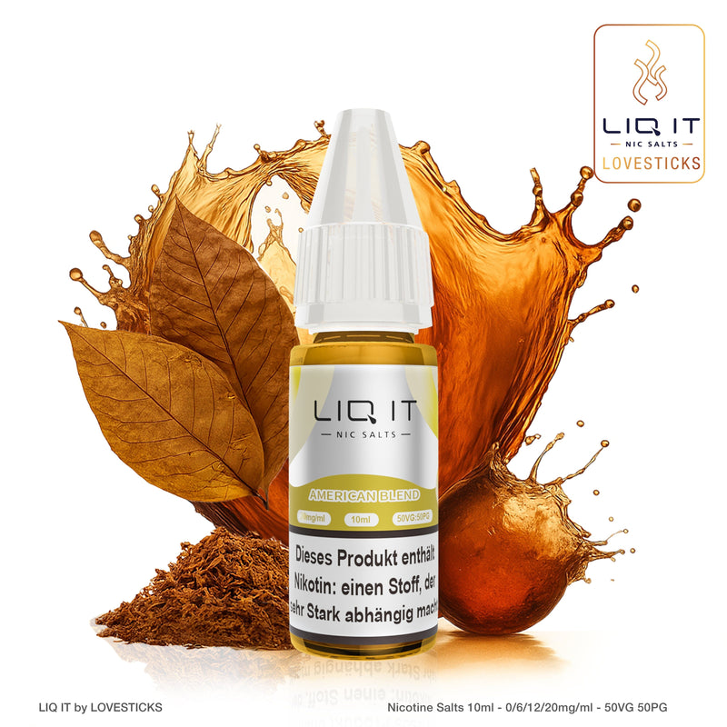 LIQ IT American Blend Liquid mit 6 mg Nikotinsalz, 10-ml-Flasche vor Tabakblättern