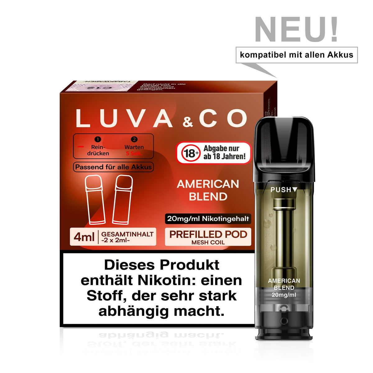 LUVA&CO Prefilled Pod American Blend, Packung mit 2 Pods à 2 ml, 20 mg/ml Nikotinsalz, Pod neben Verpackung
