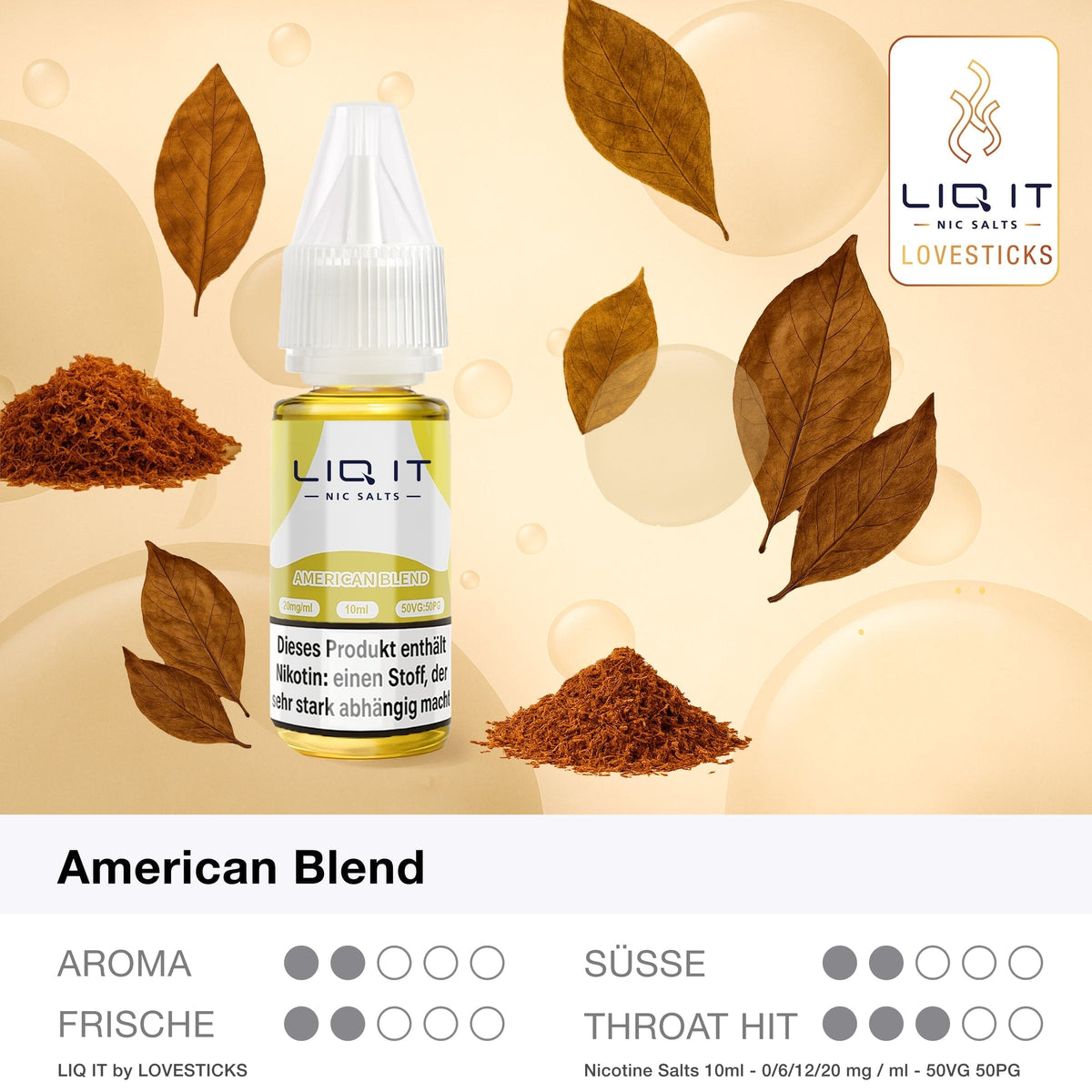 LIQ IT American Blend Liquid ohne Nikotin (0 mg), Flasche mit Grafik zu Aroma, Süße, Frische und Throat Hit