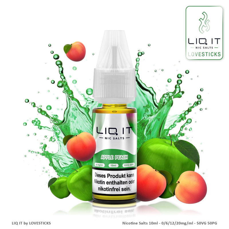 LIQ IT Apple Peach Liquid mit 6 mg Nikotinsalz, 10-ml-Flasche vor Apfel und Pfirsich