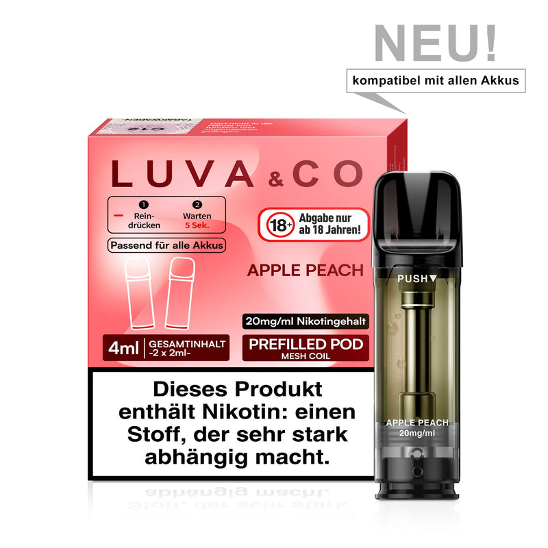 LUVA&CO Prefilled Pod Apple Peach, Packung mit 2 Pods à 2 ml, 20 mg/ml Nikotinsalz, Pod neben Verpackung
