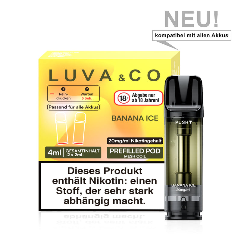 LUVA&CO Prefilled Pod Banana Ice, Packung mit 2 Pods à 2 ml, 20 mg/ml Nikotinsalz, Pod neben Verpackung