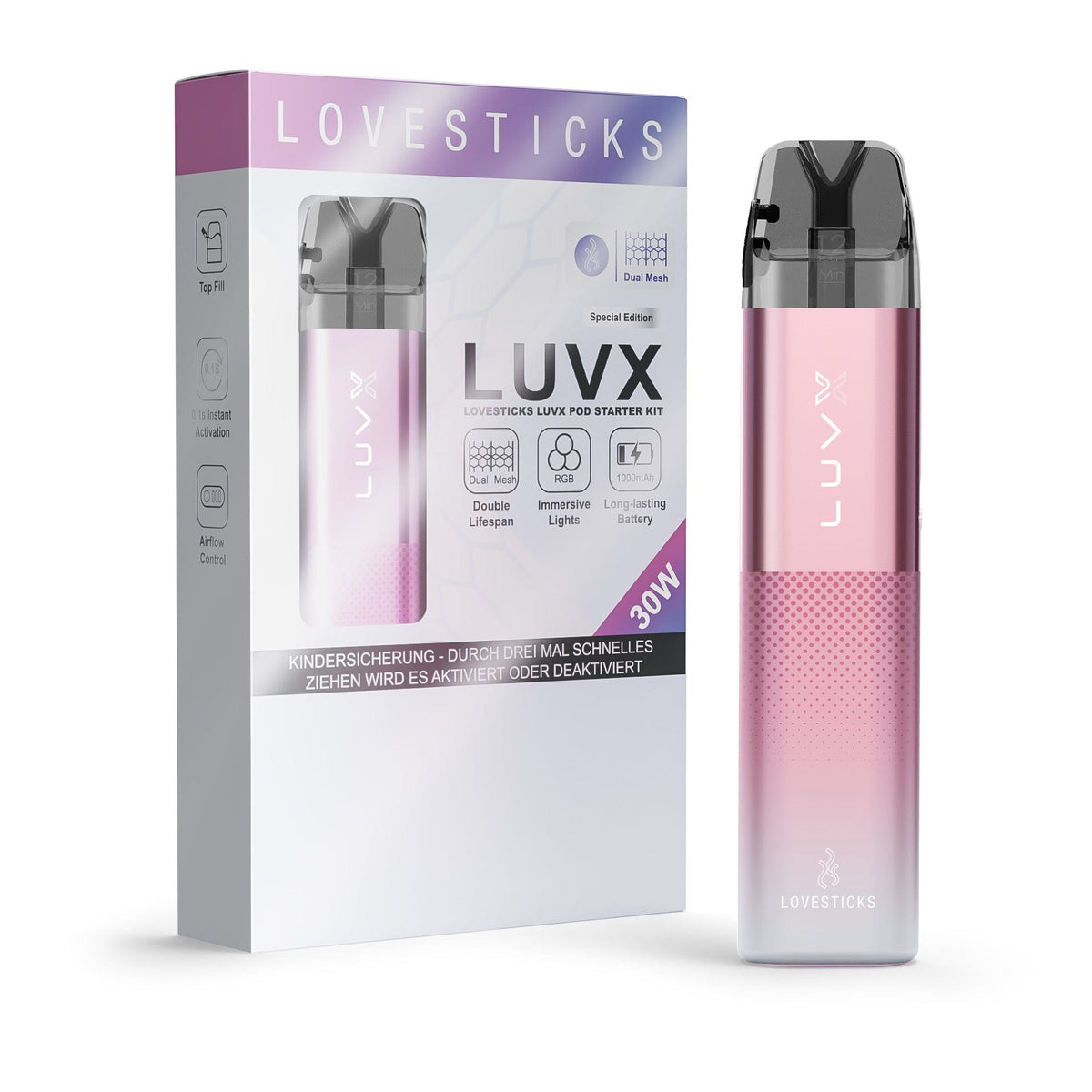 LUVX Pod Kit 1000 mAh Pink, nachfüllbares Pod-System, Gerät neben Verpackung des Kits