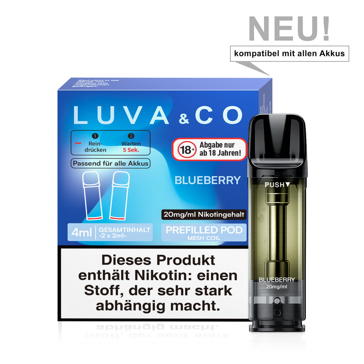 LUVA&CO Prefilled Pod Blueberry, Packung mit 2 Pods à 2 ml, 20 mg/ml Nikotinsalz, Pod neben Verpackung