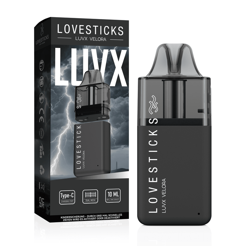 LUVX Velora Pod Kit Black, nachfüllbares Pod-System für Liquid ohne Nikotin, Gerät neben Verpackung
