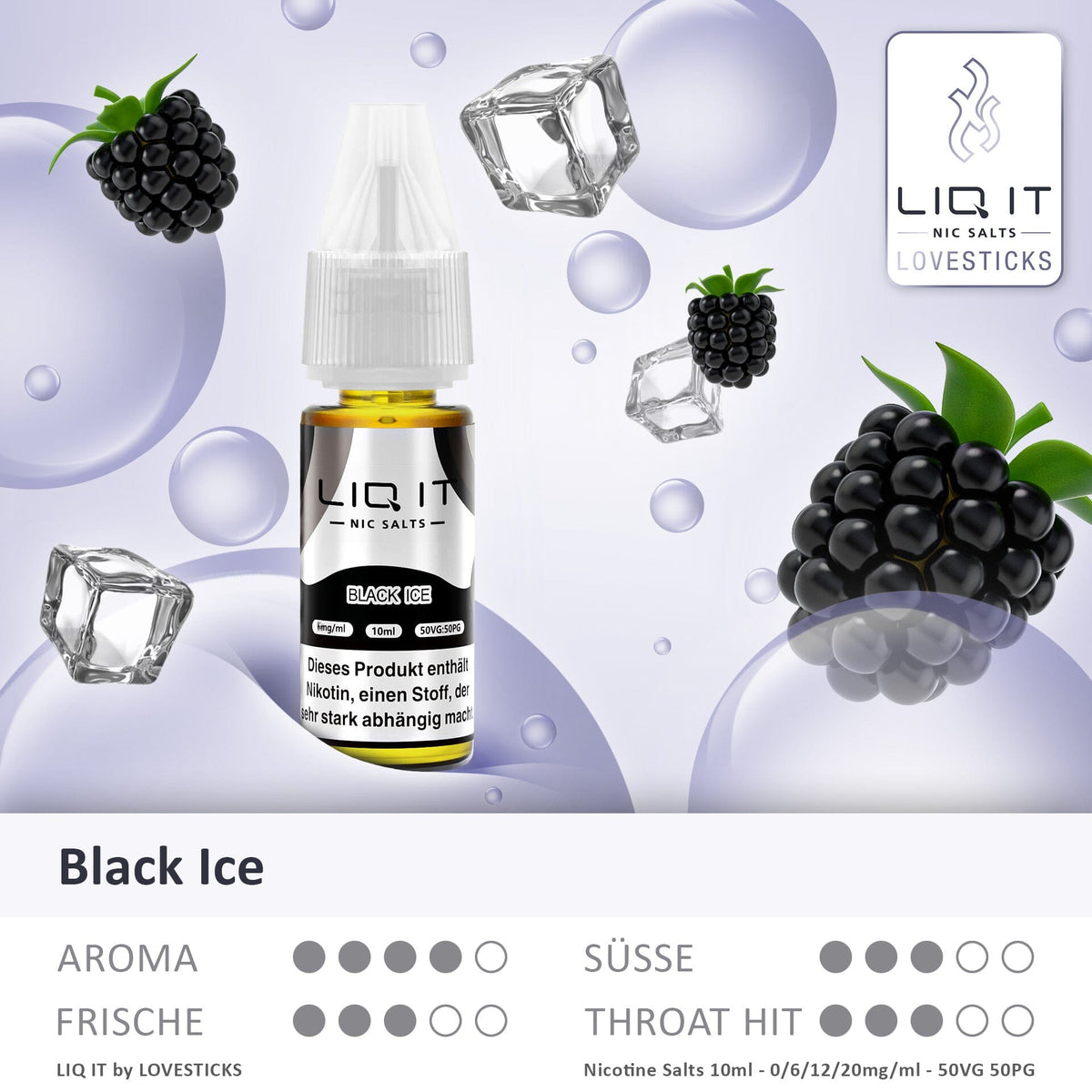 LIQ IT Black Ice Liquid mit 6 mg Nikotinsalz, Flasche mit Grafik zu Aroma, Süße, Frische und Throat Hit