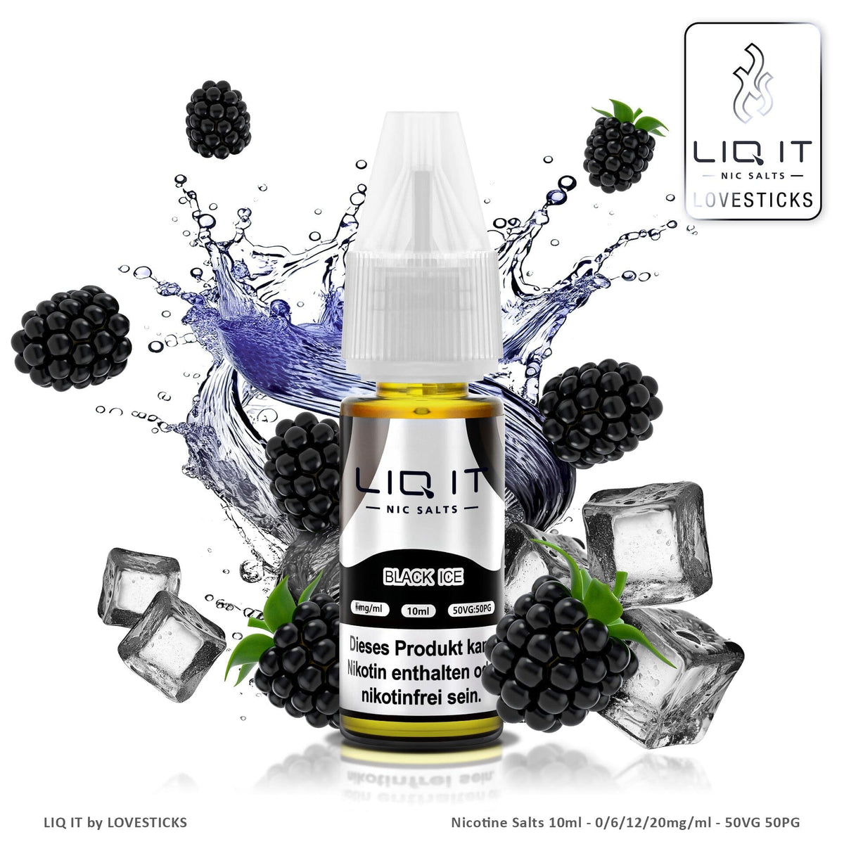 LIQ IT Black Ice Liquid mit 6 mg Nikotinsalz, 10-ml-Flasche vor Brombeeren und Eis