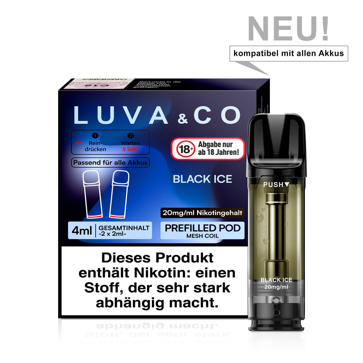 LUVA&CO Prefilled Pod Black Ice, Packung mit 2 Pods à 2 ml, 20 mg/ml Nikotinsalz, Pod neben Verpackung