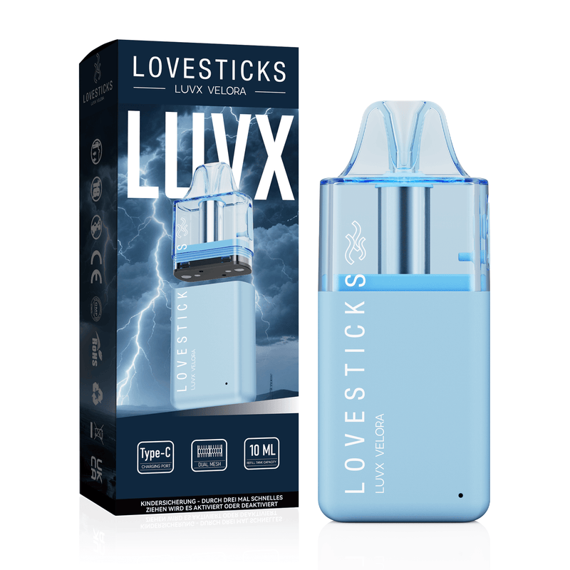 LUVX Velora Pod Kit Blue, nachfüllbares Pod-System für Liquid ohne Nikotin, Gerät neben Verpackung