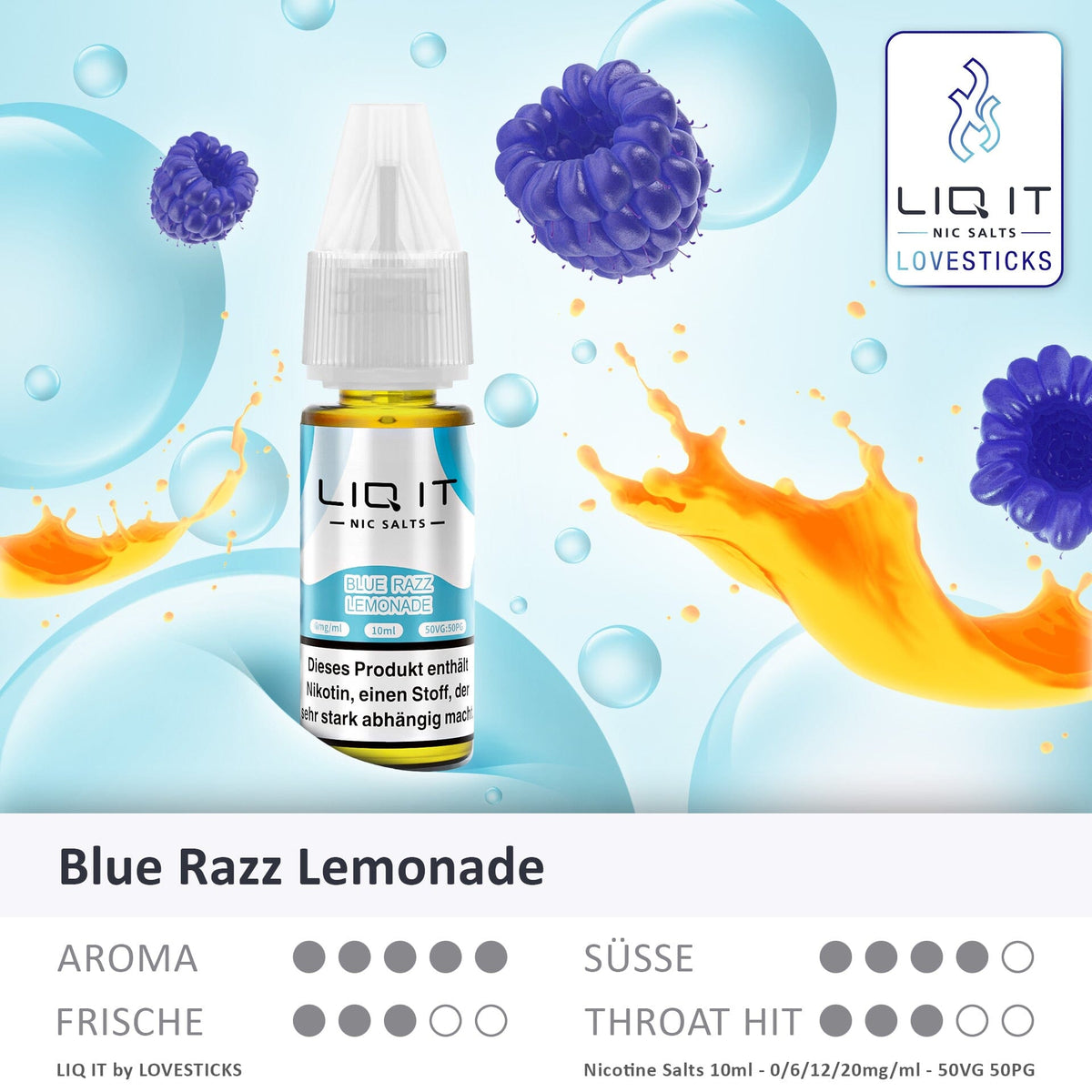 LIQ IT Blue Razz Lemonade Liquid mit 6 mg Nikotinsalz, Flasche mit Grafik zu Aroma, Süße, Frische und Throat Hit