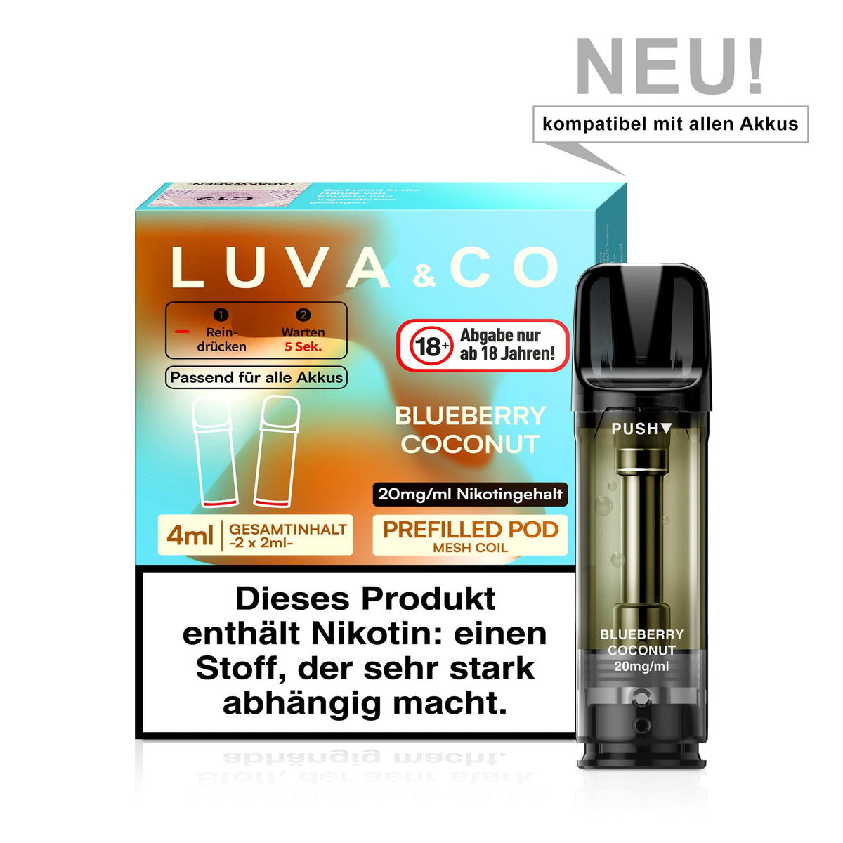 LUVA&CO Prefilled Pod Blueberry Coconut, Packung mit 2 Pods à 2 ml, 20 mg/ml Nikotinsalz, Pod neben Verpackung