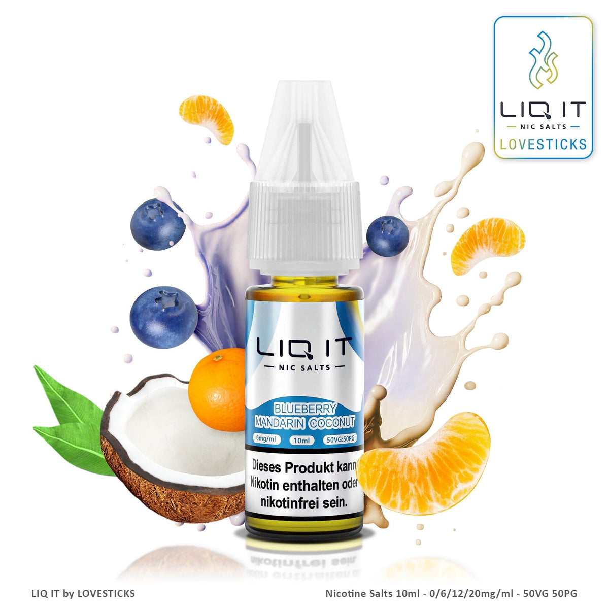 LIQ IT Blueberry Mandarin Coconut Liquid mit 6 mg Nikotinsalz, 10-ml-Flasche vor Blaubeere, Mandarine und Kokosnuss