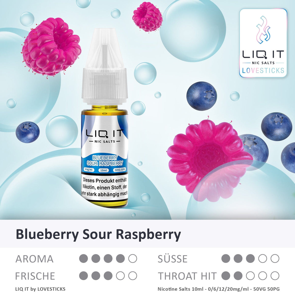 LIQ IT Blueberry Sour Raspberry Liquid mit 6 mg Nikotinsalz, Flasche mit Grafik zu Aroma, Süße, Frische und Throat Hit