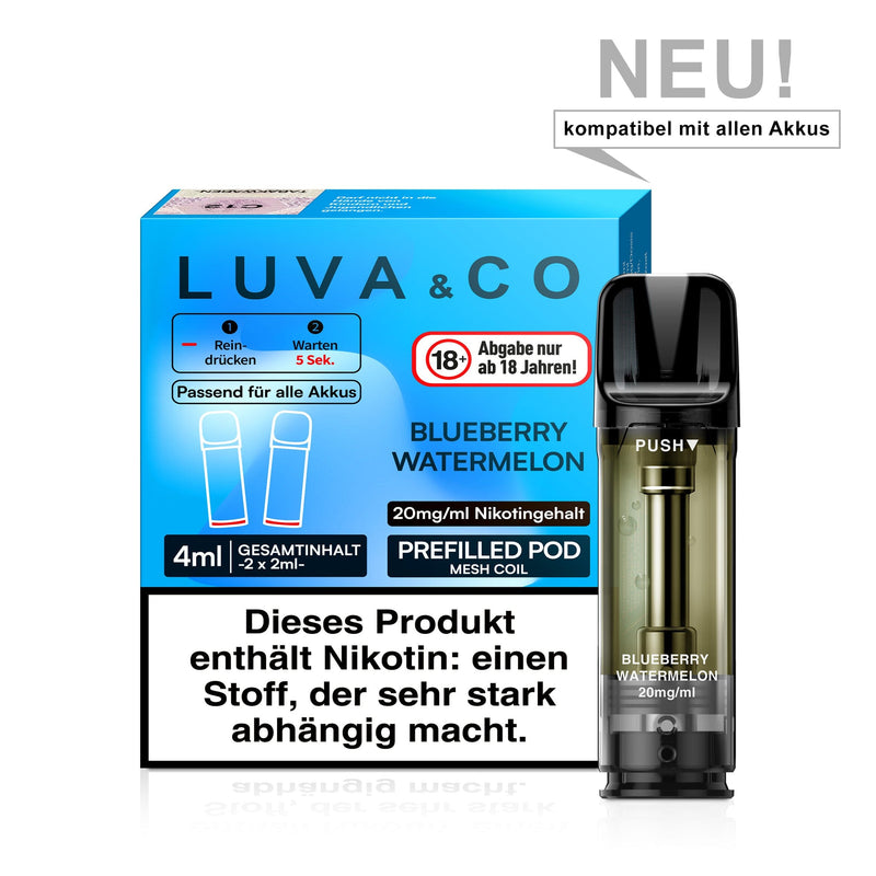 LUVA&CO Prefilled Pod Blueberry Watermelon, Packung mit 2 Pods à 2 ml, 20 mg/ml Nikotinsalz, Pod neben Verpackung