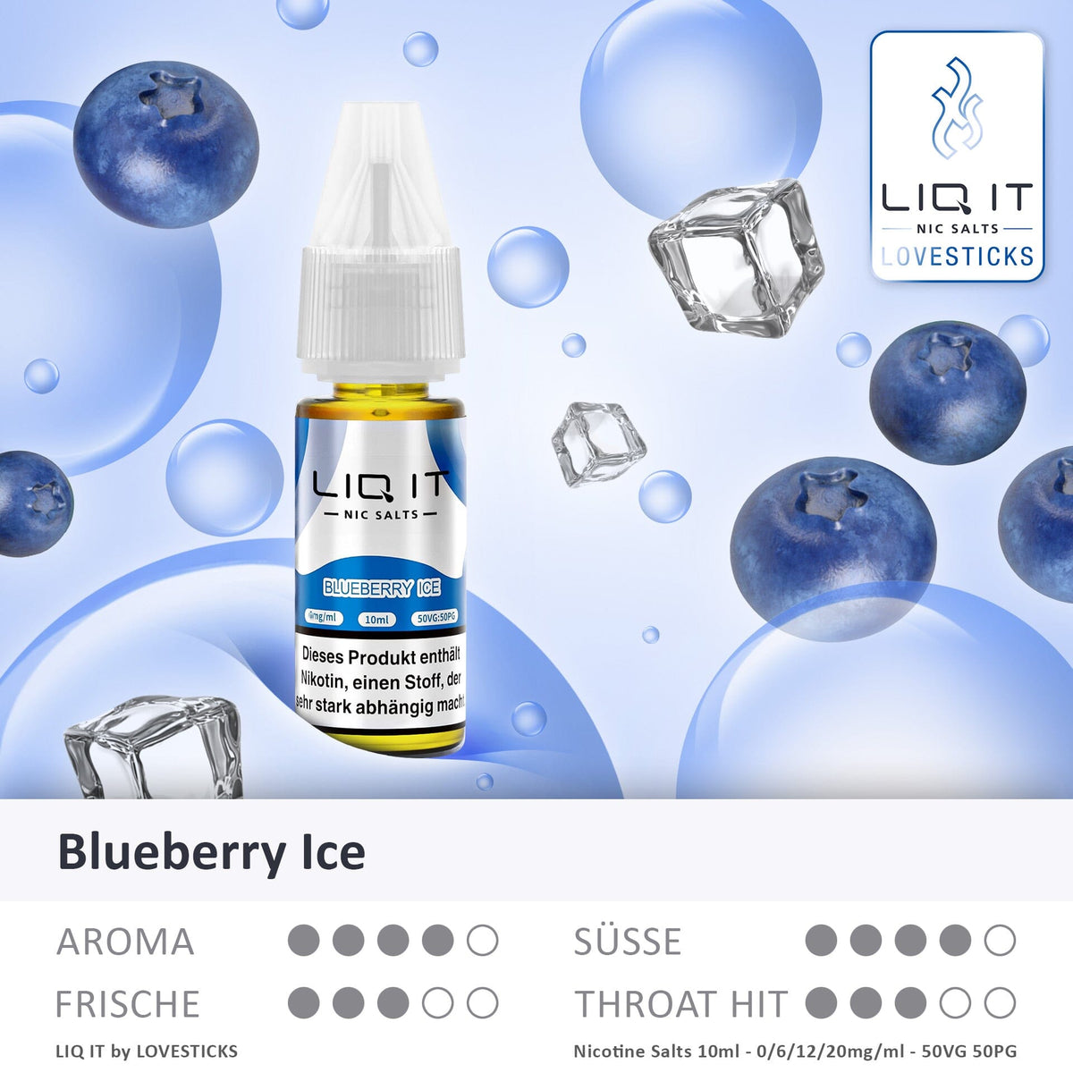 LIQ IT Blueberry Ice Liquid ohne Nikotin (0 mg), Flasche mit Grafik zu Aroma, Süße, Frische und Throat Hit