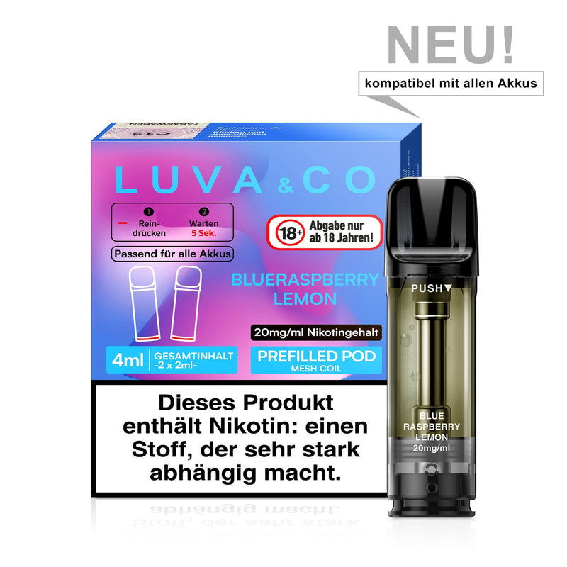 LUVA&CO Prefilled Pod Blueraspberry Lemon, Packung mit 2 Pods à 2 ml, 20 mg/ml Nikotinsalz, Pod neben Verpackung
