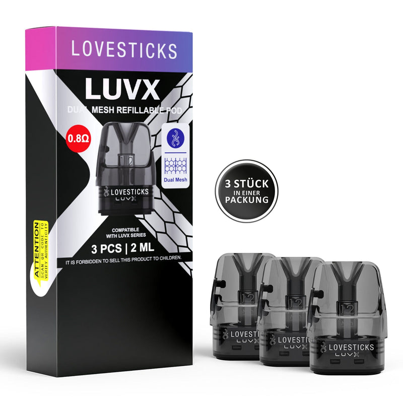 LUVX Pod 0,8 Ohm, 3 nachfüllbare Ersatzpods à 2 ml mit Dual-Mesh-Coil neben Verpackung
