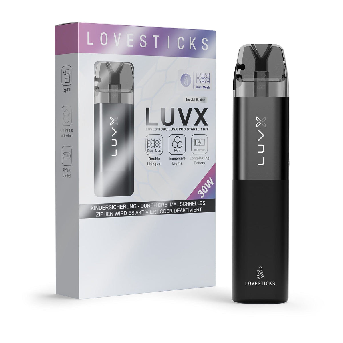 LUVX Pod Kit 1000 mAh Black, nachfüllbares Pod-System, Gerät neben Verpackung des Kits
