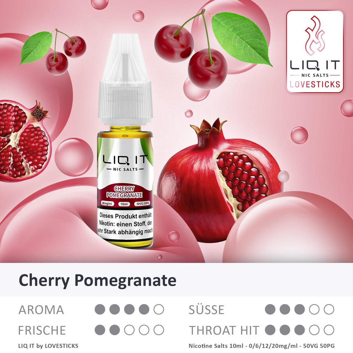 LIQ IT Cherry Pomegranate Liquid mit 6 mg Nikotinsalz, Flasche mit Grafik zu Aroma, Süße, Frische und Throat Hit