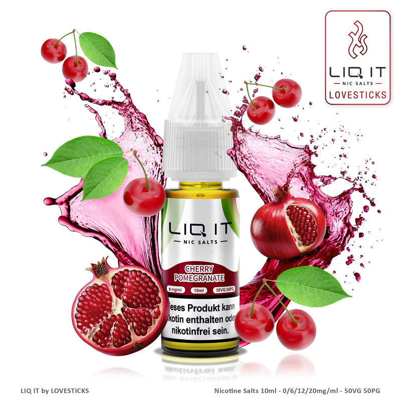 LIQ IT Cherry Pomegranate Liquid mit 6 mg Nikotinsalz, 10-ml-Flasche vor Kirschen und Granatapfel