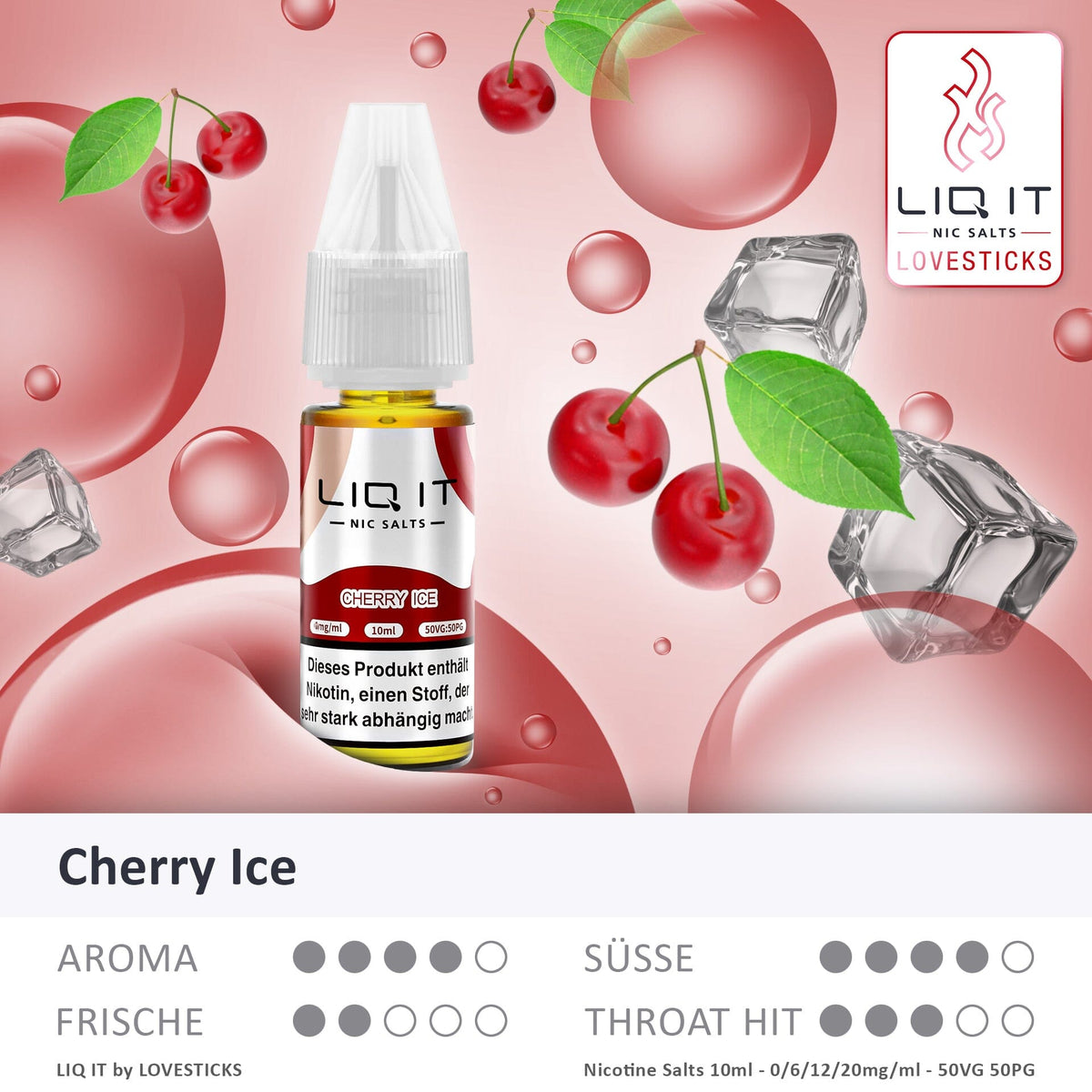 LIQ IT Cherry Ice Liquid ohne Nikotin (0 mg), Flasche mit Grafik zu Aroma, Süße, Frische und Throat Hit