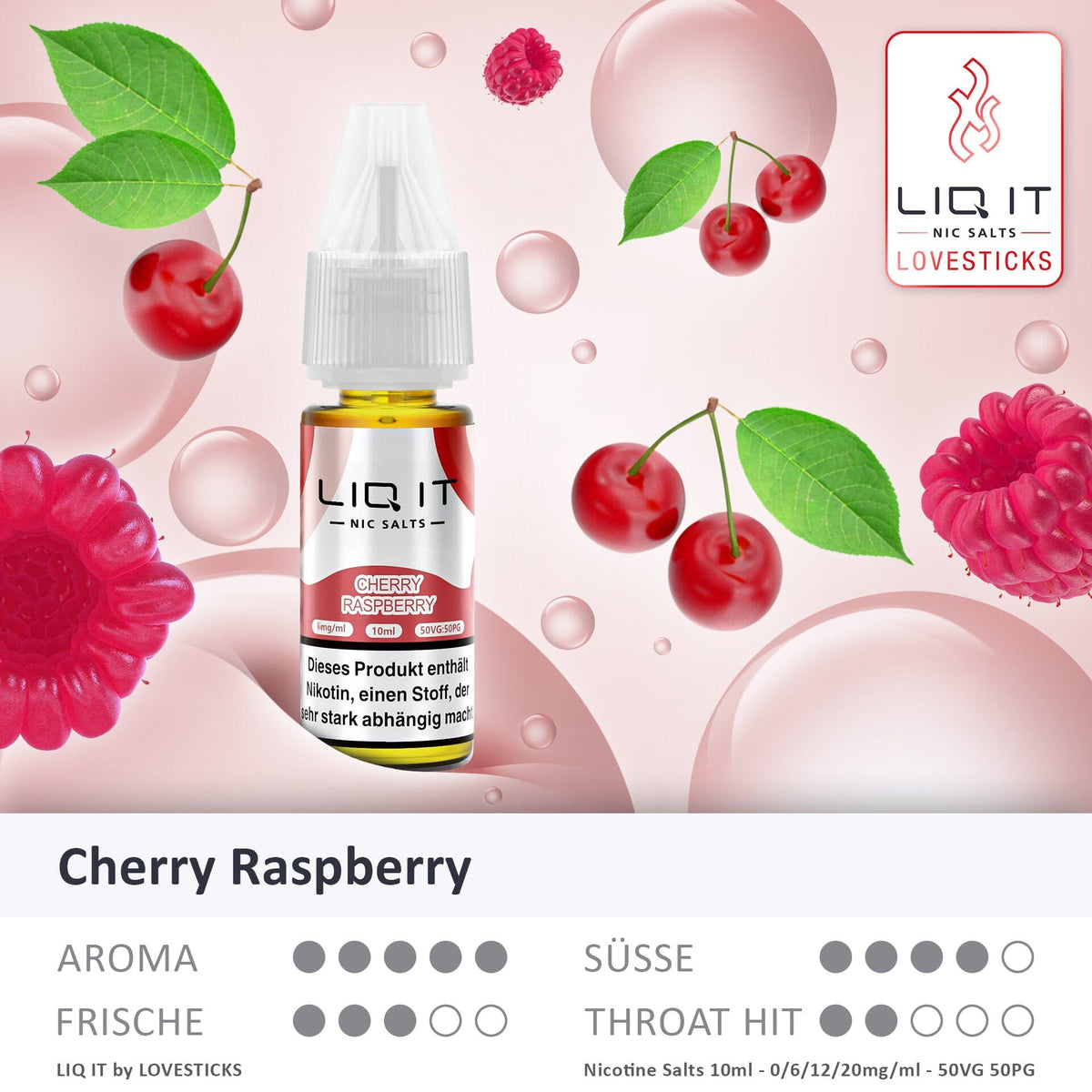 LIQ IT Cherry Raspberry Liquid mit 6 mg Nikotinsalz, Flasche mit Grafik zu Aroma, Süße, Frische und Throat Hit