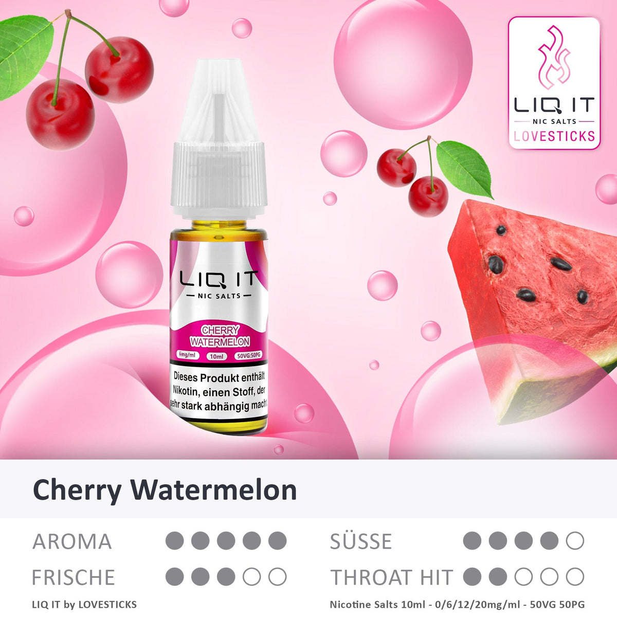 LIQ IT Cherry Watermelon Liquid mit 6 mg Nikotinsalz, Flasche mit Grafik zu Aroma, Süße, Frische und Throat Hit