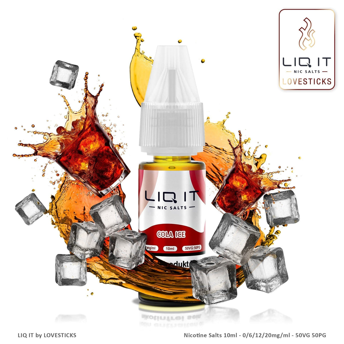 LIQ IT Cola Ice Liquid mit 6 mg Nikotinsalz, 10-ml-Flasche vor Cola und Eiswürfeln