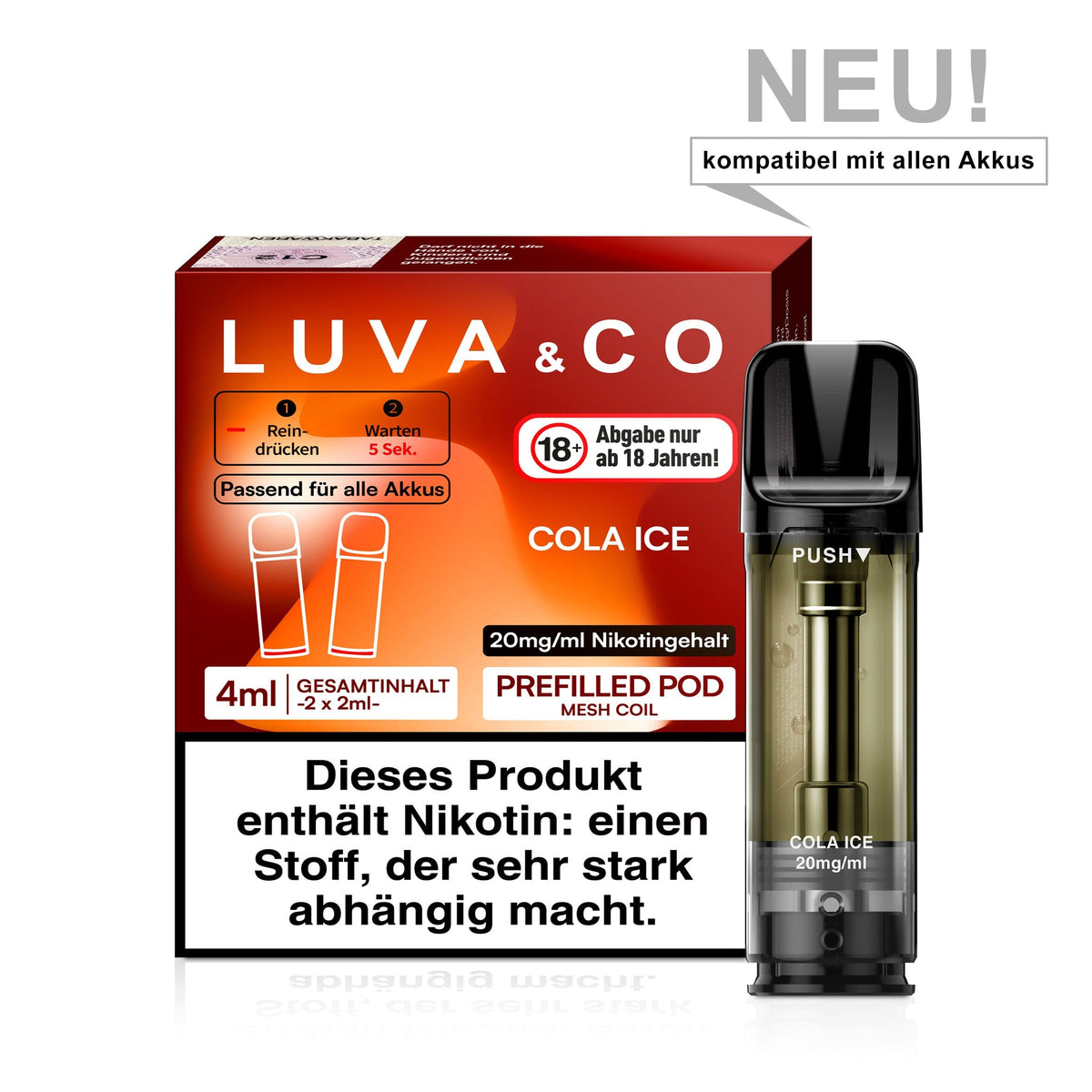 LUVA&CO Prefilled Pod Cola Ice, Packung mit 2 Pods à 2 ml, 20 mg/ml Nikotinsalz, Pod neben Verpackung