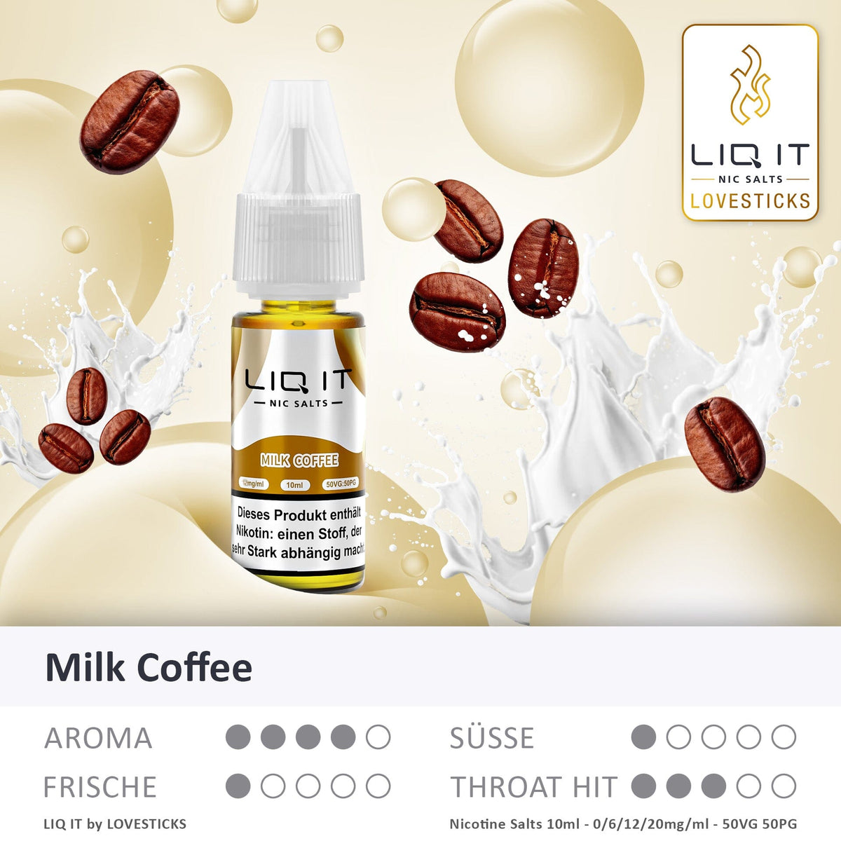 LIQ IT Milk Coffee Liquid mit 6 mg Nikotinsalz, Flasche mit Grafik zu Aroma, Süße, Frische und Throat Hit