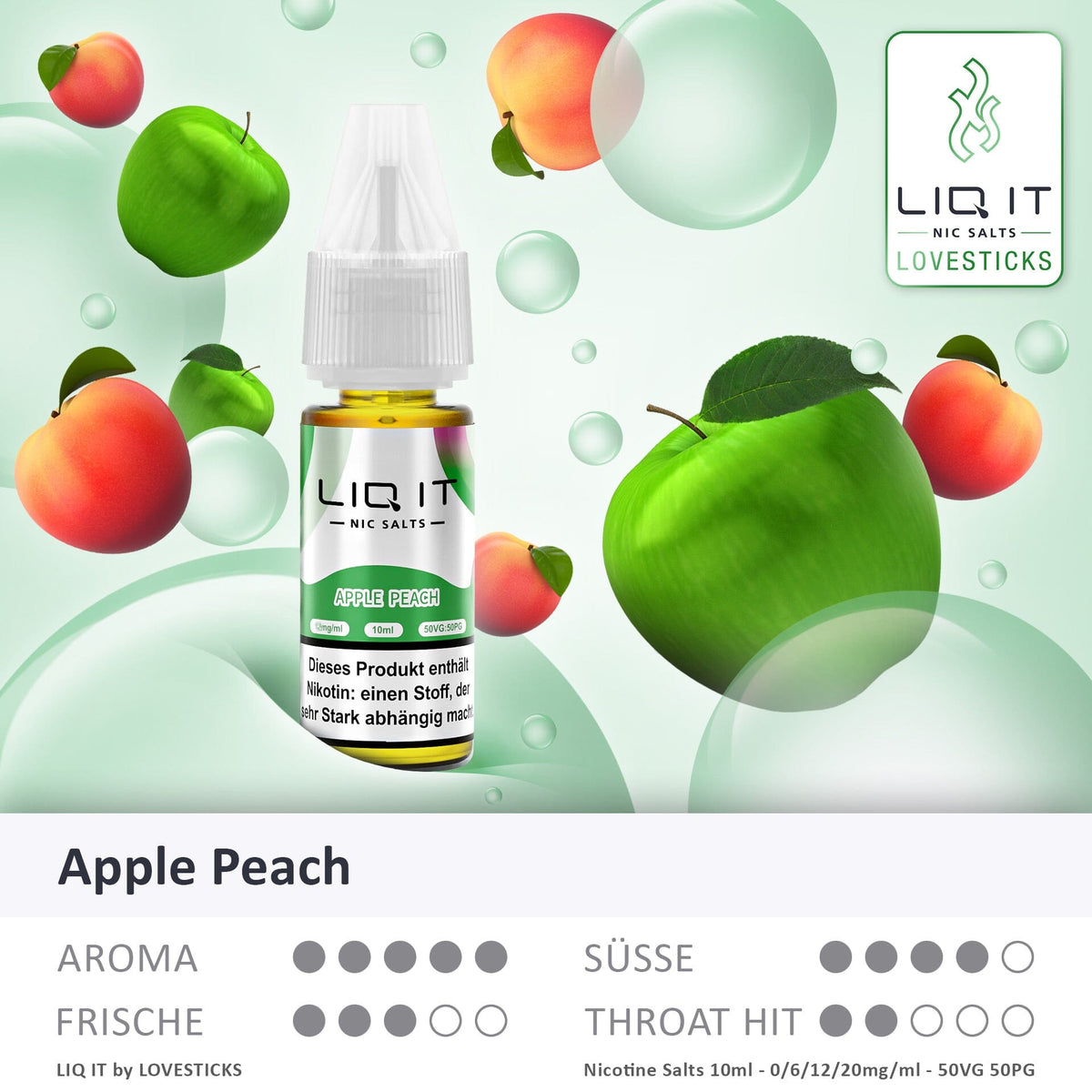 LIQ IT Apple Peach Liquid ohne Nikotin (0 mg), Flasche mit Grafik zu Aroma, Süße, Frische und Throat Hit