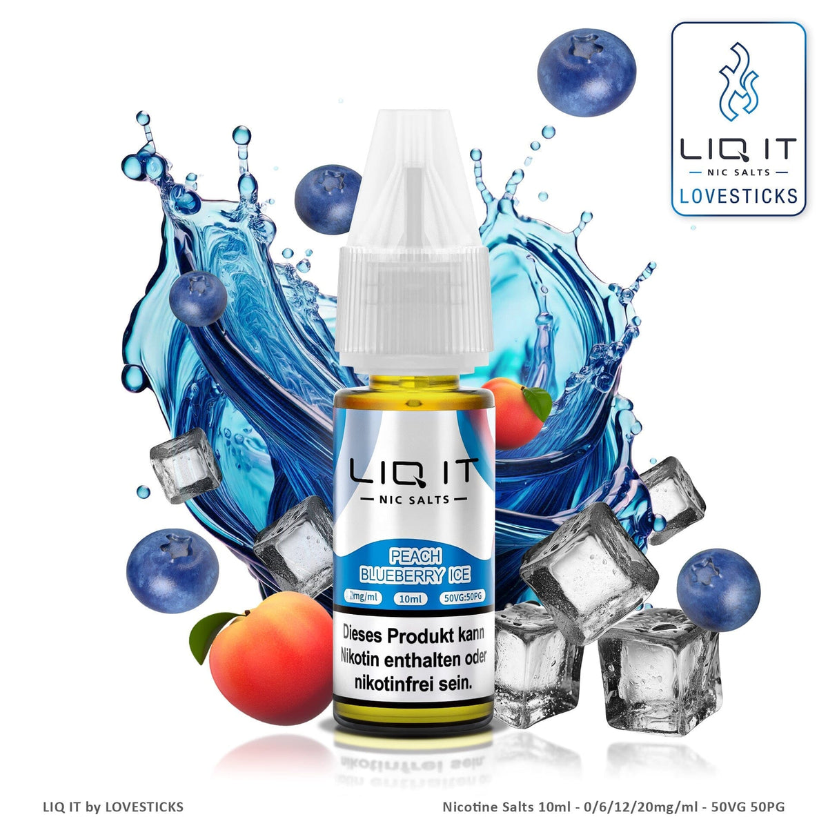 LIQ IT Peach Blueberry Ice Liquid mit 6 mg Nikotinsalz, 10-ml-Flasche vor Pfirsich und Blaubeeren