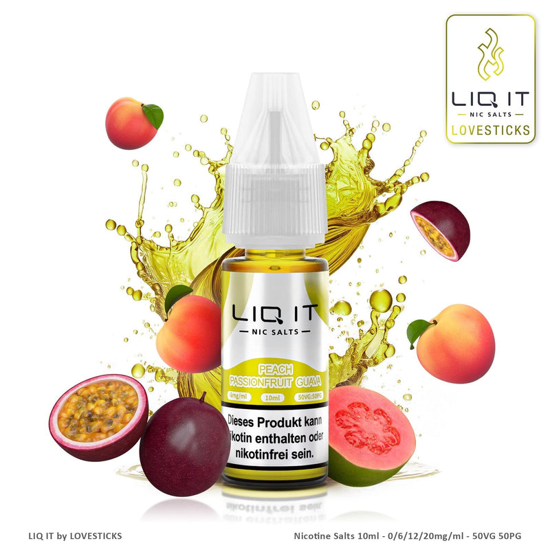 LIQ IT Peach Passionfruit Guava Liquid mit 6 mg Nikotinsalz, 10-ml-Flasche vor Pfirsich, Passionsfrucht und Guave