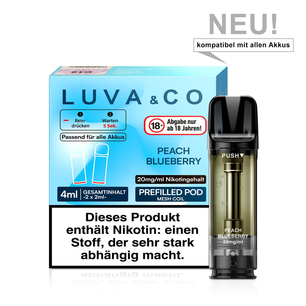 LUVA&CO Prefilled Pod Peach Blueberry, Packung mit 2 Pods à 2 ml, 20 mg/ml Nikotinsalz, Pod neben Verpackung