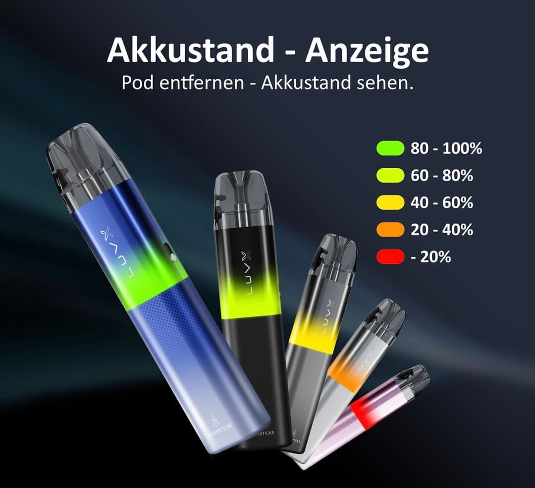 LUVX Pod Kit 1000 mAh Black, Grafik zur LED-Akkustandanzeige in fünf Farbstufen bei abgenommenem Pod