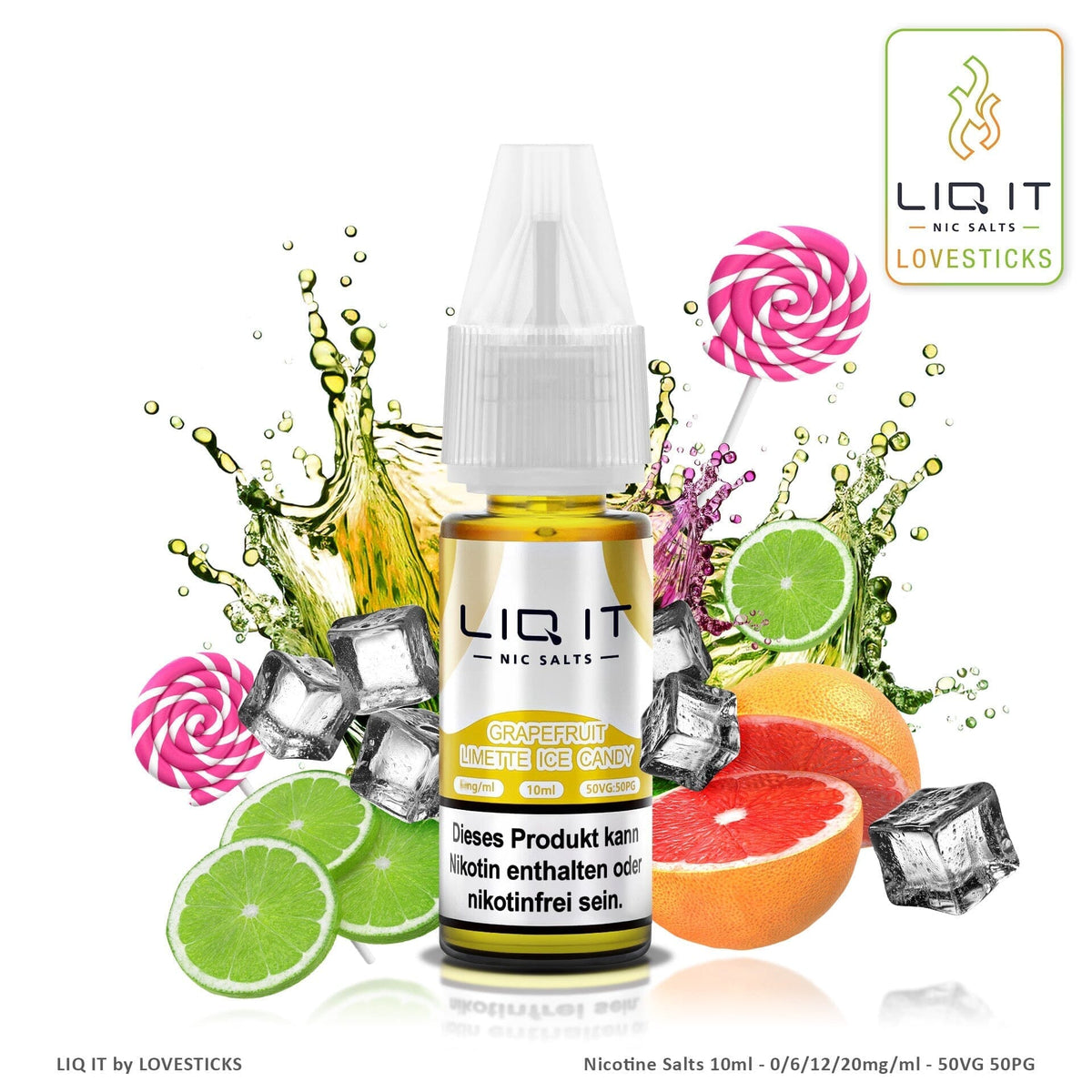 LIQ IT Grapefruit Limette Ice Candy Liquid ohne Nikotin, 10-ml-Flasche mit 0 mg vor Grapefruit und Limette