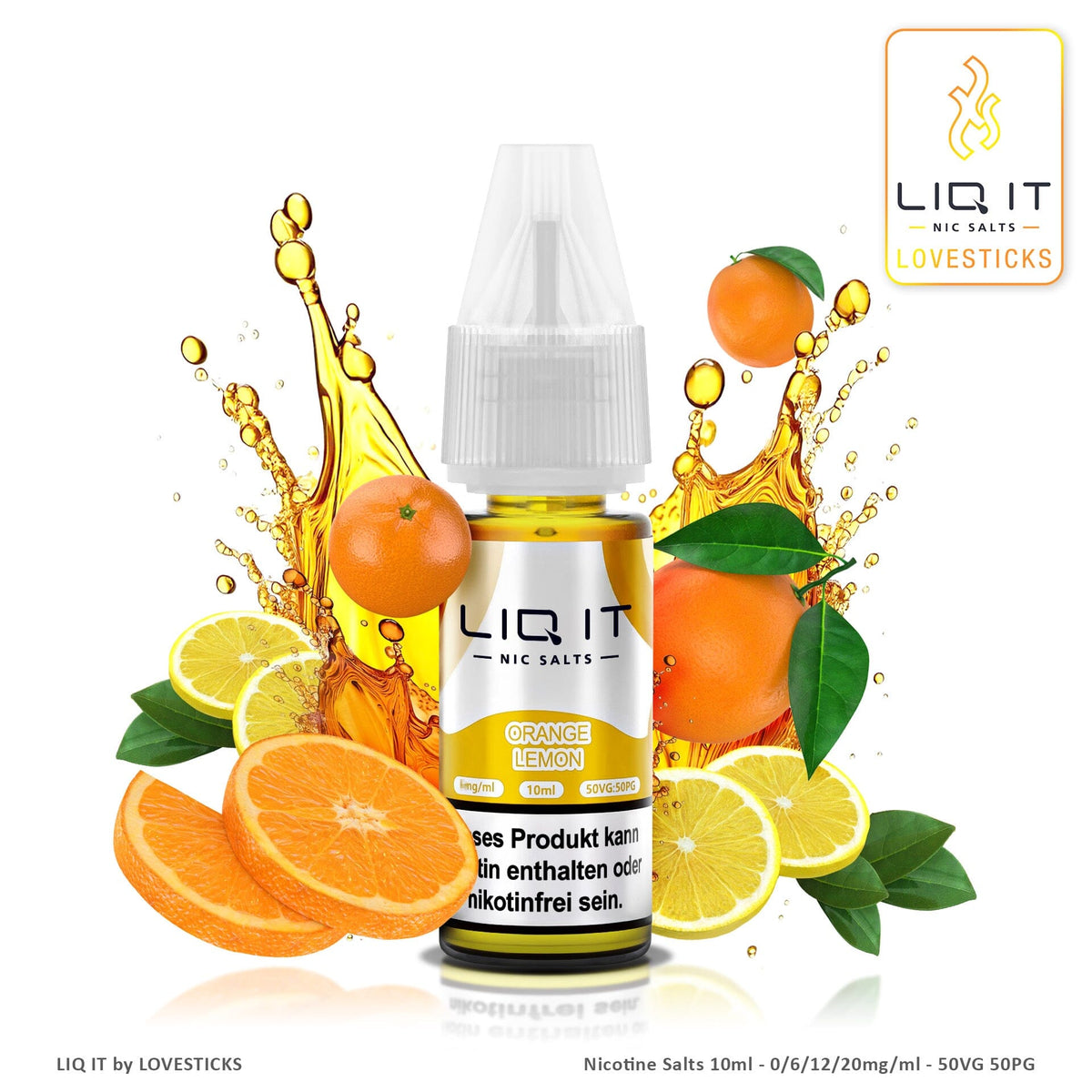 LIQ IT Orange Lemon Liquid mit 6 mg Nikotinsalz, 10-ml-Flasche vor Orangen und Zitronen
