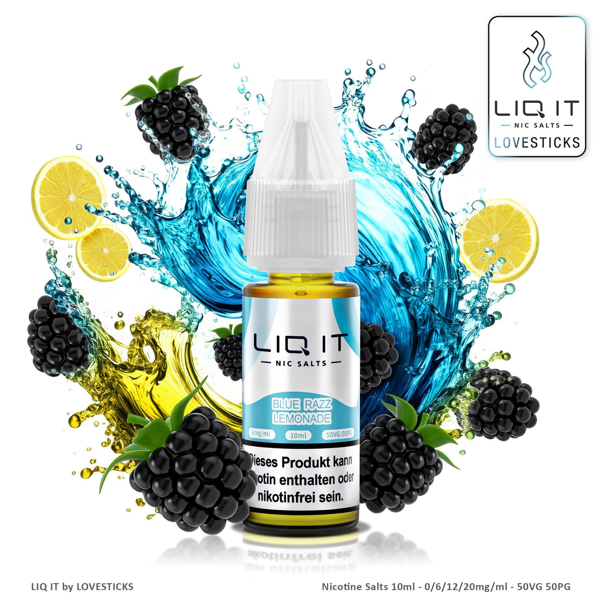 LIQ IT Blue Razz Lemonade Liquid mit 6 mg Nikotinsalz, 10-ml-Flasche vor Brombeeren und Zitrone