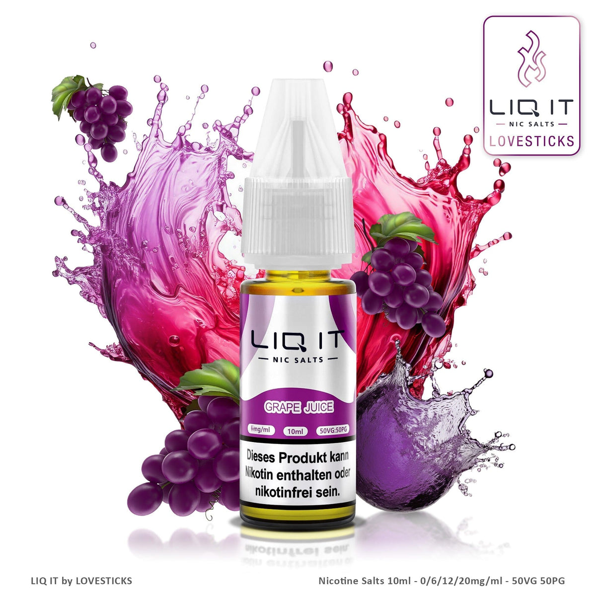 LIQ IT Grape Juice Liquid mit 6 mg Nikotinsalz, 10-ml-Flasche vor roten Trauben